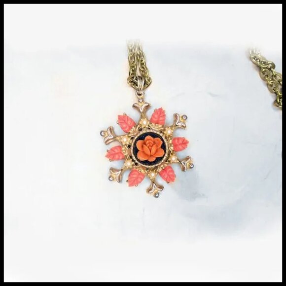 Renaissance Style Pendant Necklace Coral Roses, Long Chain, 40s Vintage - Picture 3 of 12